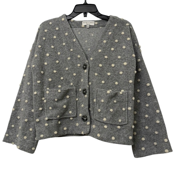 Madewell Gray Fuzzy Polka Dot Cardigan Y2K Cozy Front Pocket Sweater - Picture 5 of 8